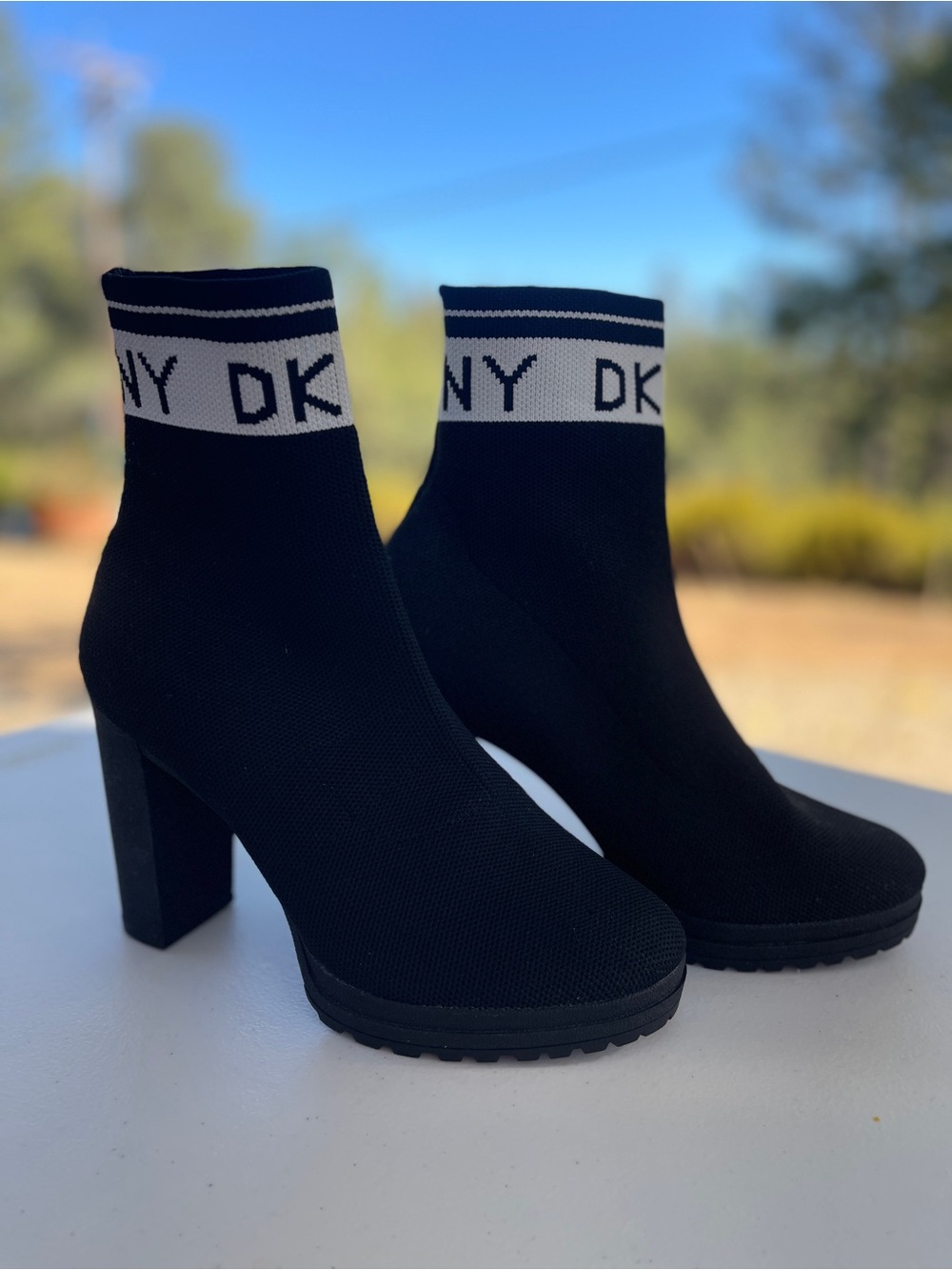 DKNY Black Knit Sock Booties with Logo Cuff and Block Heel